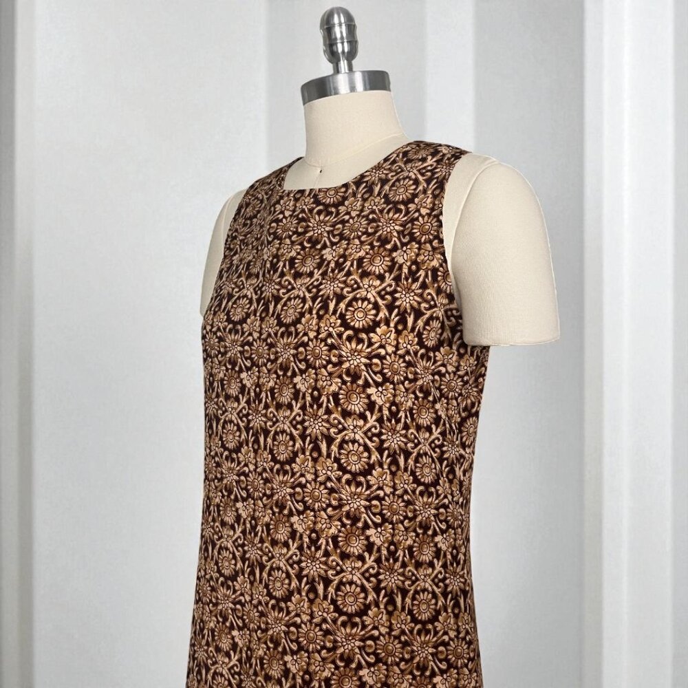 VTG 90s Beracha Sportswear Sleeveless Brown & Tan Daisy Print Shift Maxi Dress